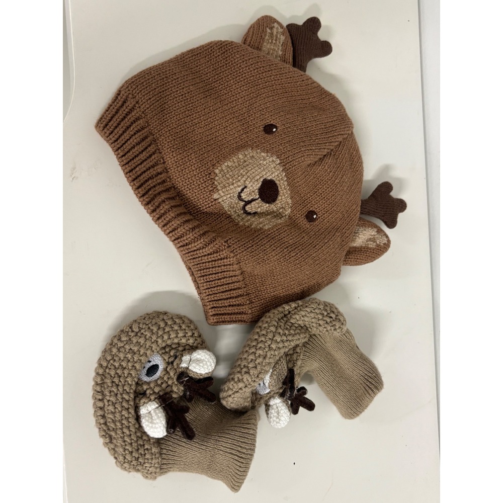 Baby Knit Bear Beanie Brown Ribbed Winter Hat 3-9 Months and infant booties